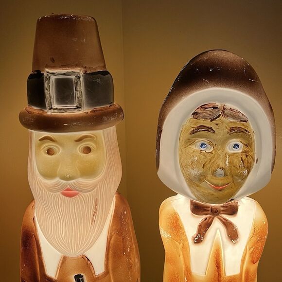 VTG Don Featherstone Blow Mold Pilgrim Couple Thanksgiving Light Up Man & Woman - Picture 6 of 16